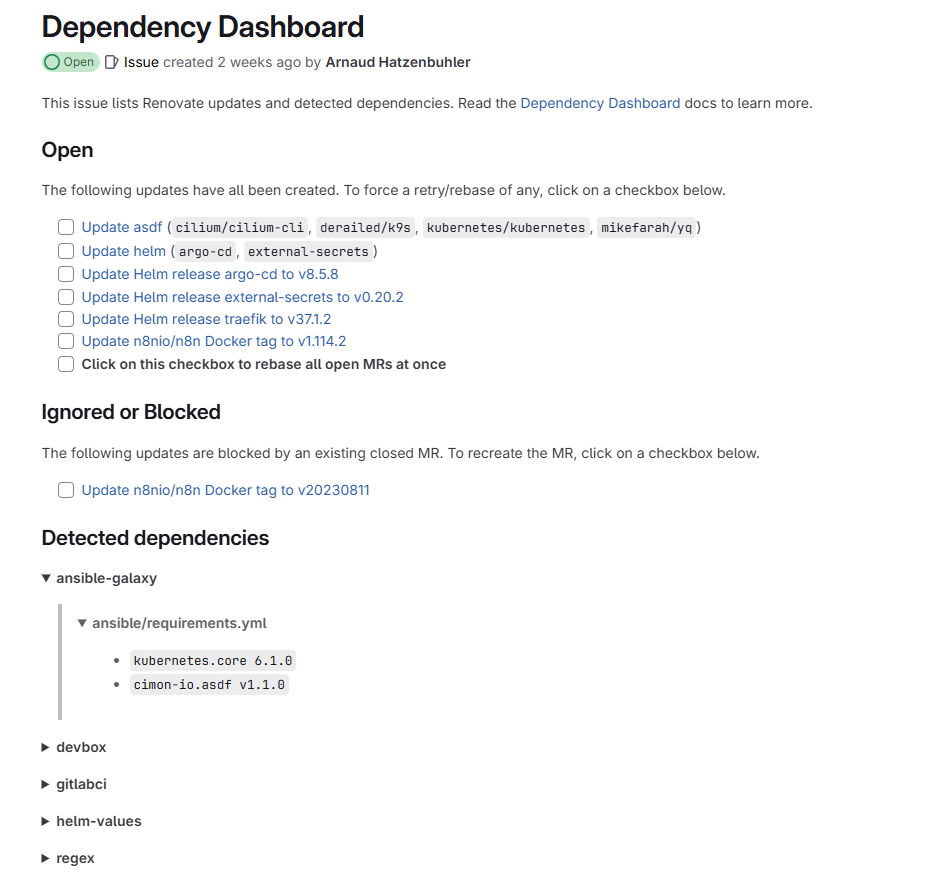 Issue « Dependency Dashboard » de Renovate listant les mises à jour ouvertes, les mises à jour bloquées et les dépendances détectées