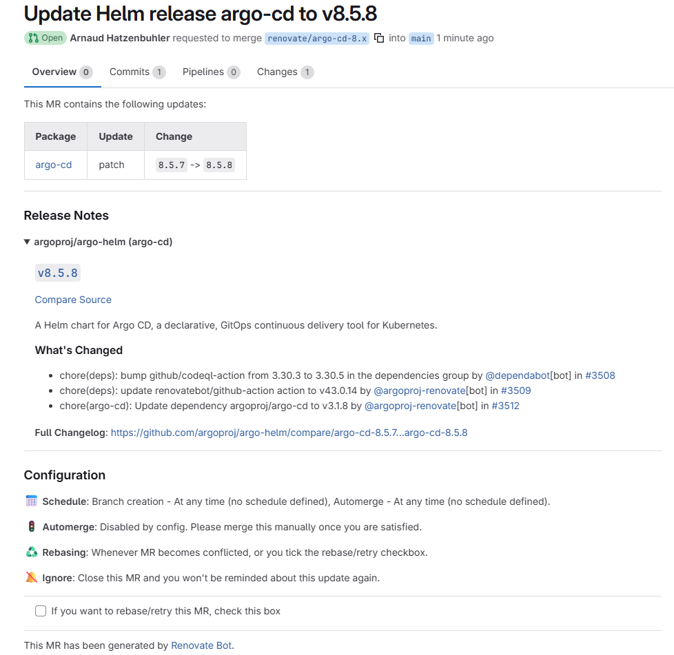 Merge request Renovate « Update Helm release argo-cd to v8.5.8 », avec le tableau des versions et les release notes du chart